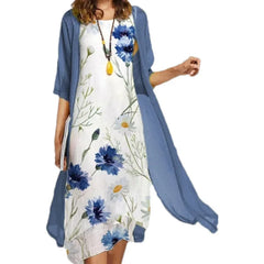 Europe and the United States summer new women's casual dress two-piece set of printed round neck slim dress women