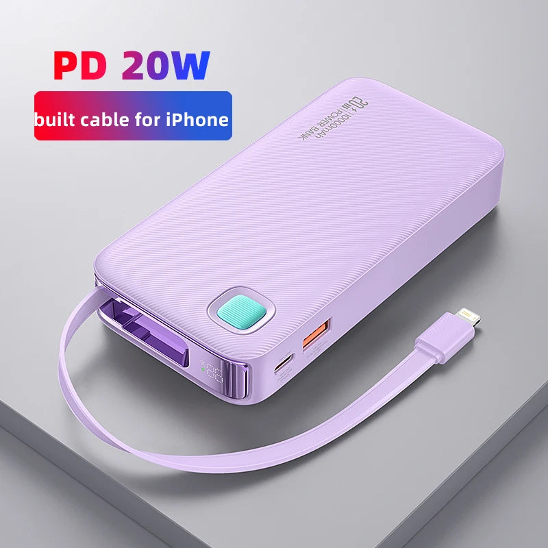 USAMS 20W Power Bank 10000mAh with Retractable Cable Powerbank PD Fast Charging Portable External Battery Charger for Smartphone