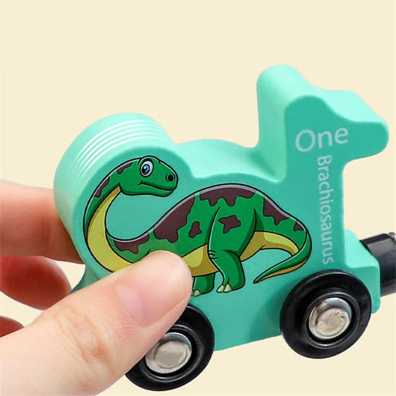 Magnetic Dinosaur Train Toys Set Wooden Number Transport Vehicle Puzzle