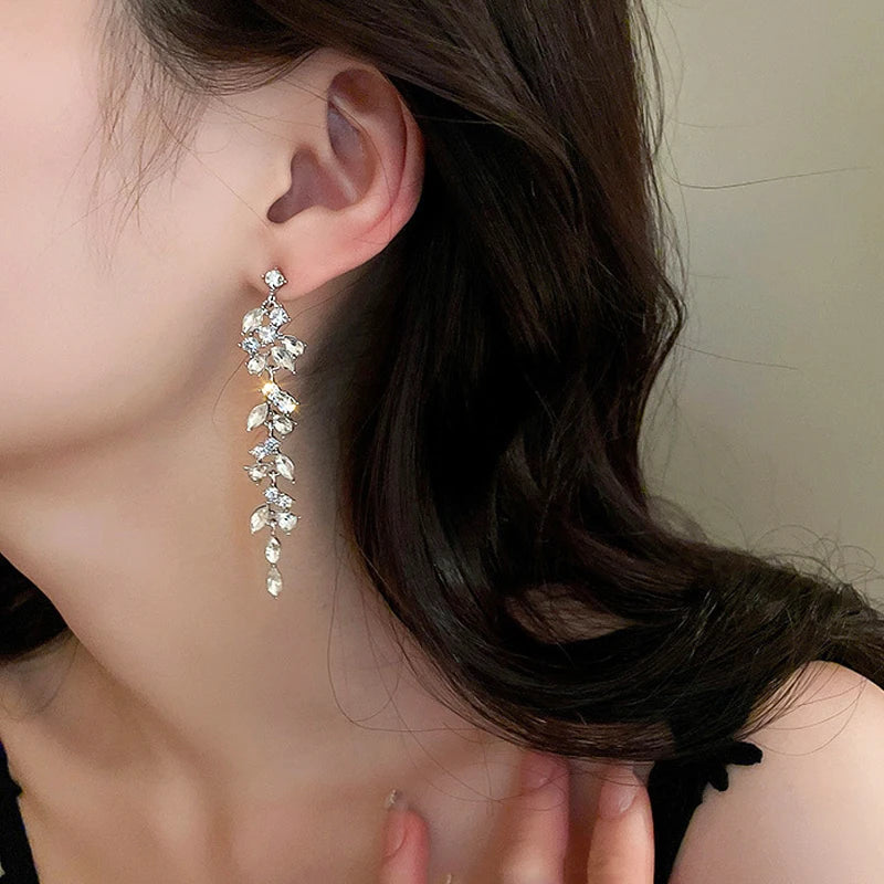 Shiny Crystal Zircon Long Stud Earrings for Women Geometric Hanging Drop Tassel Earring