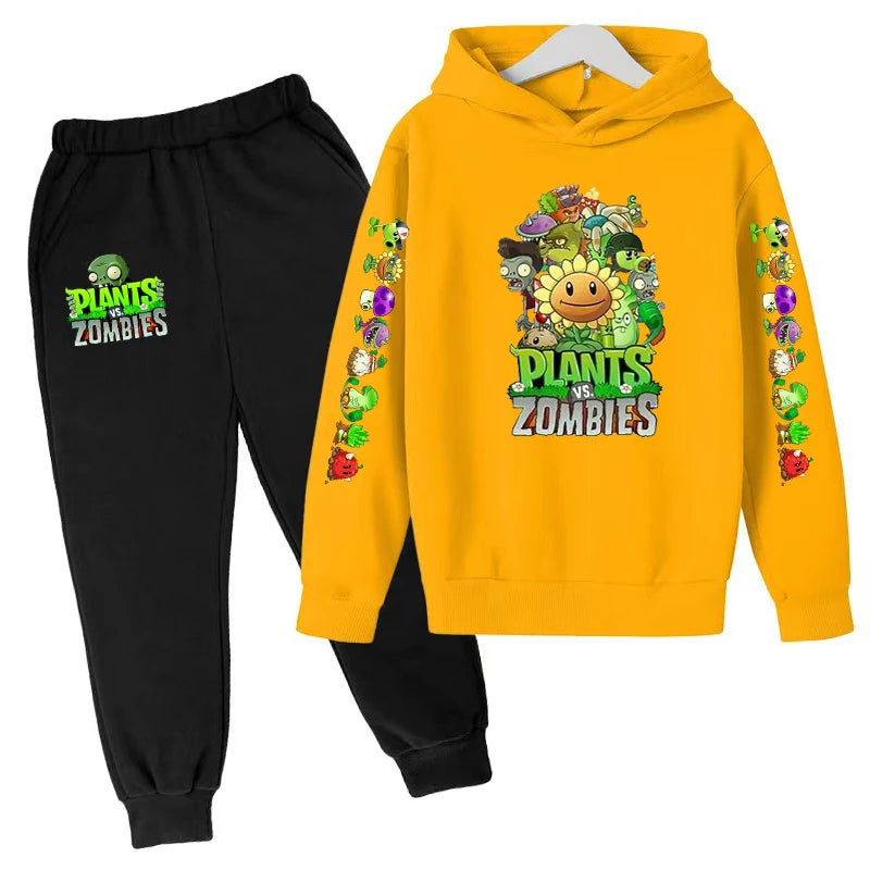 Kids Hooded Pullover Popular Game Plants vs. Monster Print Boys/Girls Top/Pants Clothing Set