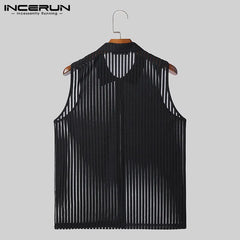 Men Tank Tops Striped Mesh Lapel Sleeveless Zipper Male Vests Transparent Streetwear INCERUN