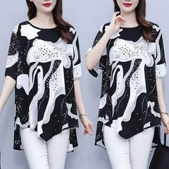 Female Casual Korean Printed Irregular T-shirt