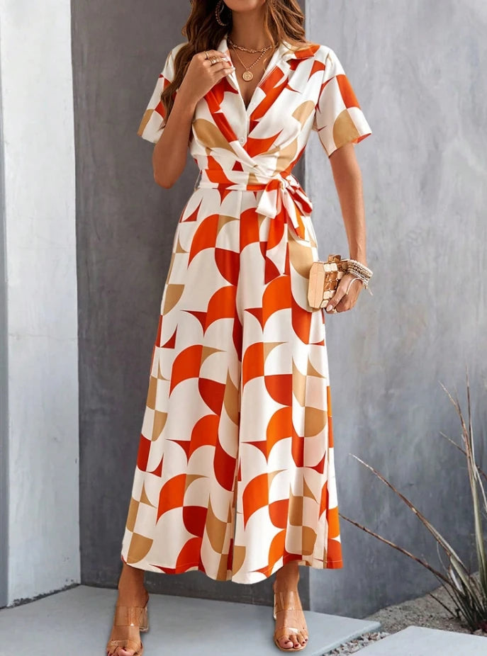 Elegant New Fashion Summer Casual Long Jumpsuits V-Leader Contrasting Printed High Waisted Wide Leg Jumpsuit