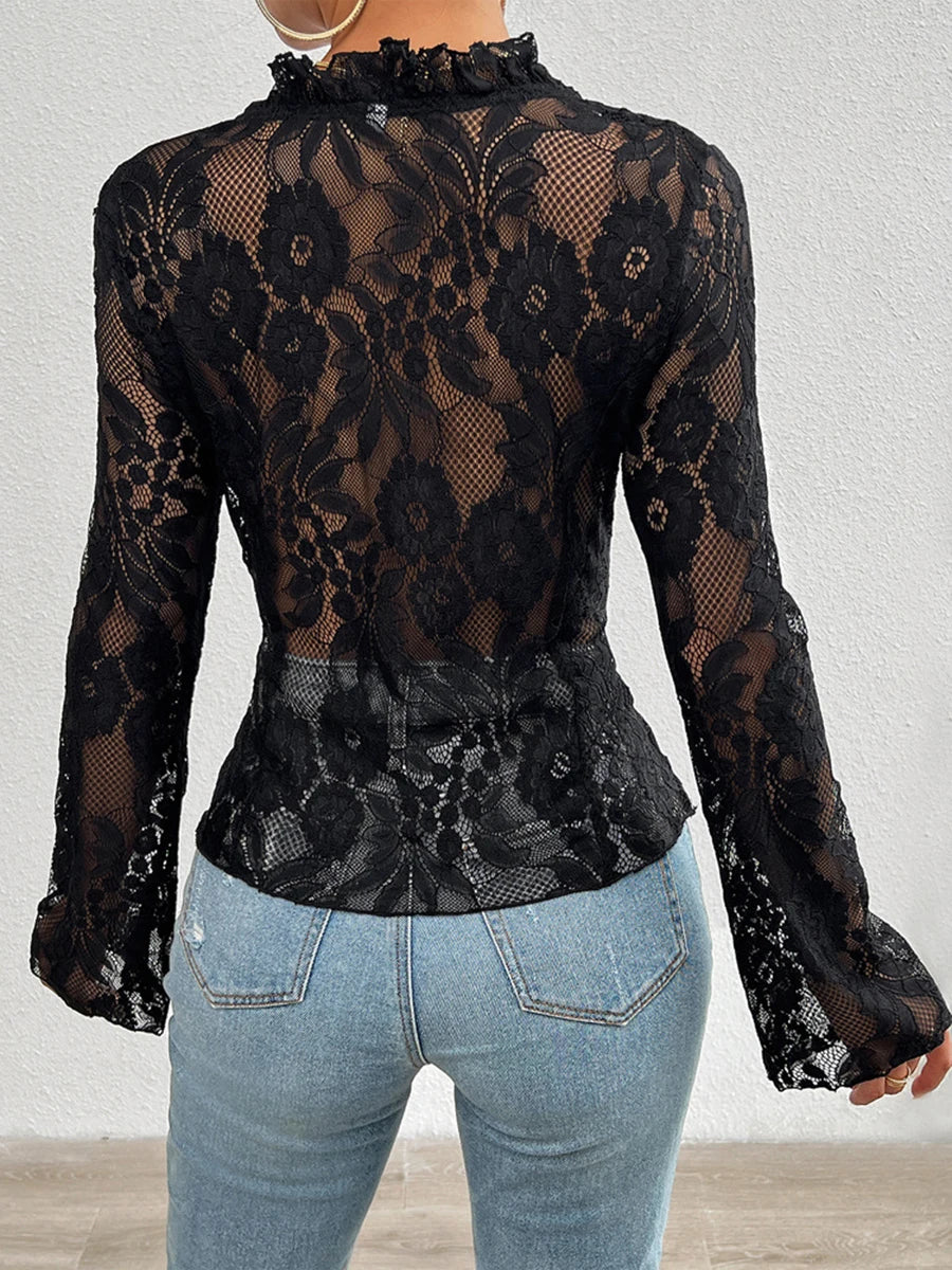 Elegant Floral Lace Long Sleeve Blouse with Front Tie Detail - Stylish Sheer Top for Chic Clubwear and Street Style Fashion