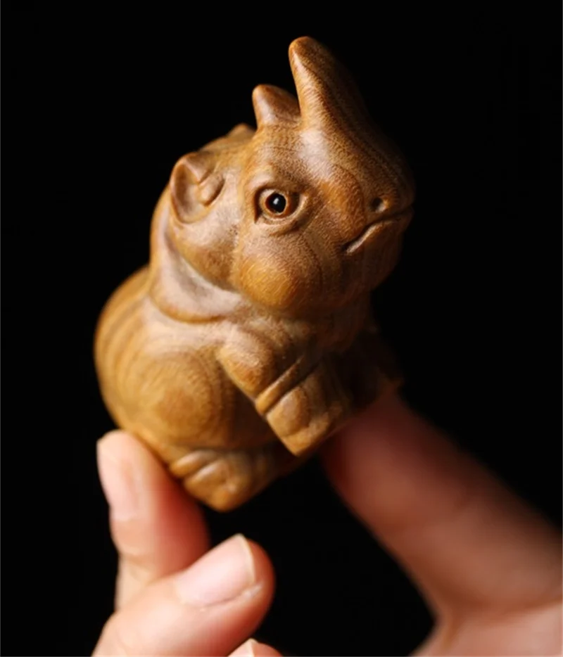 Green sandalwood 6.7CM Rhino Wood Sculpture Animal Statue Collection Office Decoration Home Décor