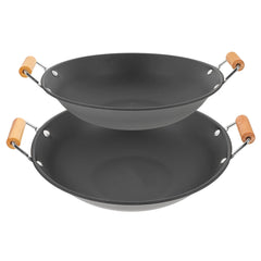 2 Pcs Stainless Steel Griddle Double Handle Cooking Pan Hot Pot Cookware Kitchen Dry Wooden Paella Frying Metal Takeaway Pans