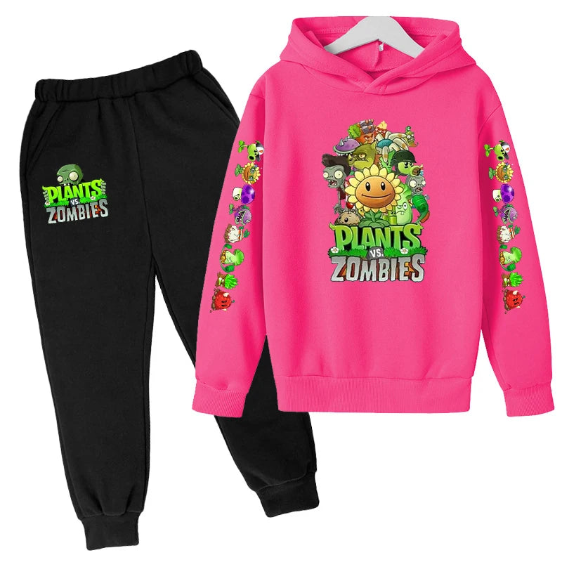 Kids Hooded Pullover Popular Game Plants vs. Monster Print Boys/Girls Top/Pants Clothing Set