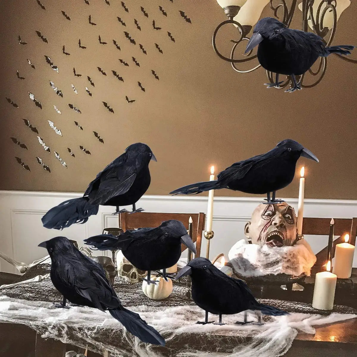 6PCS Black Feather Crow Halloween Props Mock Crow Spooky Feather Decoration Props Halloween Party Scary Animal Horror Props