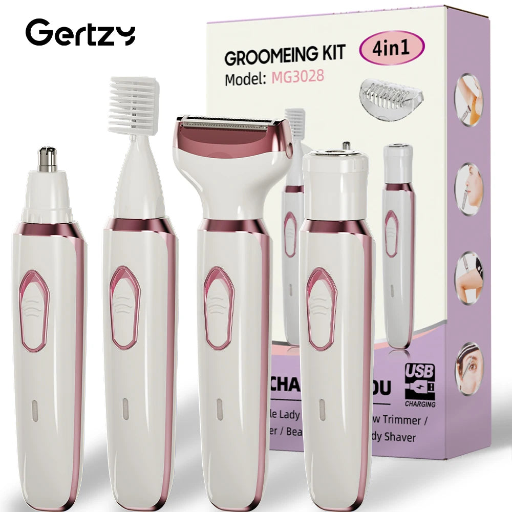 4-in-1 Rechargeable Electric Razor for Women - Face, Nose, Legs, Underarm, Bikini Trimmer - Wet & Dry, Painless Grooming Kit