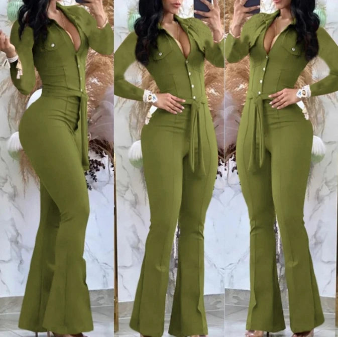 Jumpsuit Women Long Sleeve Skinny Bootcut Jumpsuit with Belt