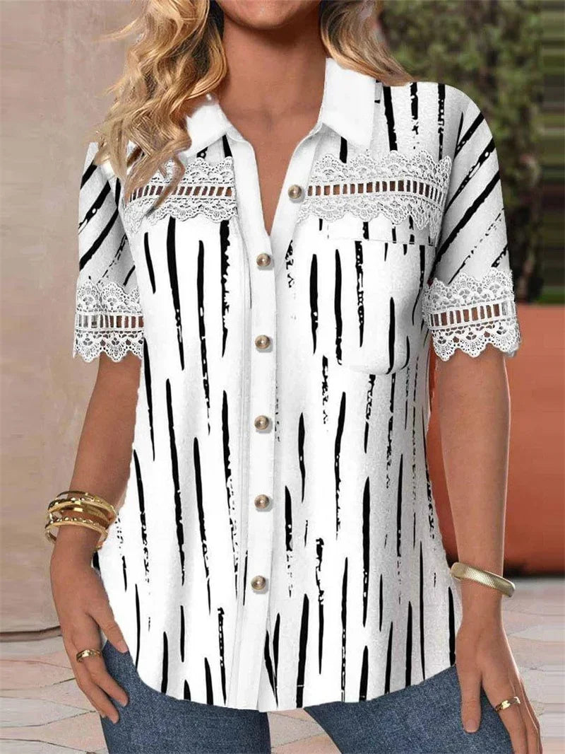 Women Vintage Ethnic Style Print Shirt Elegant Hollow Out Splicing Lace Short Sleeve Blouse