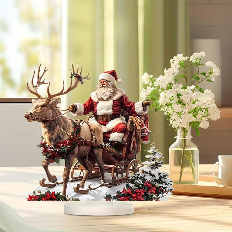 Christmas Reindeer Sleigh Santa Figurine 2D Acrylic Christmas Santa Claus on Sleigh Decoration Holiday 2025 Party Supplies