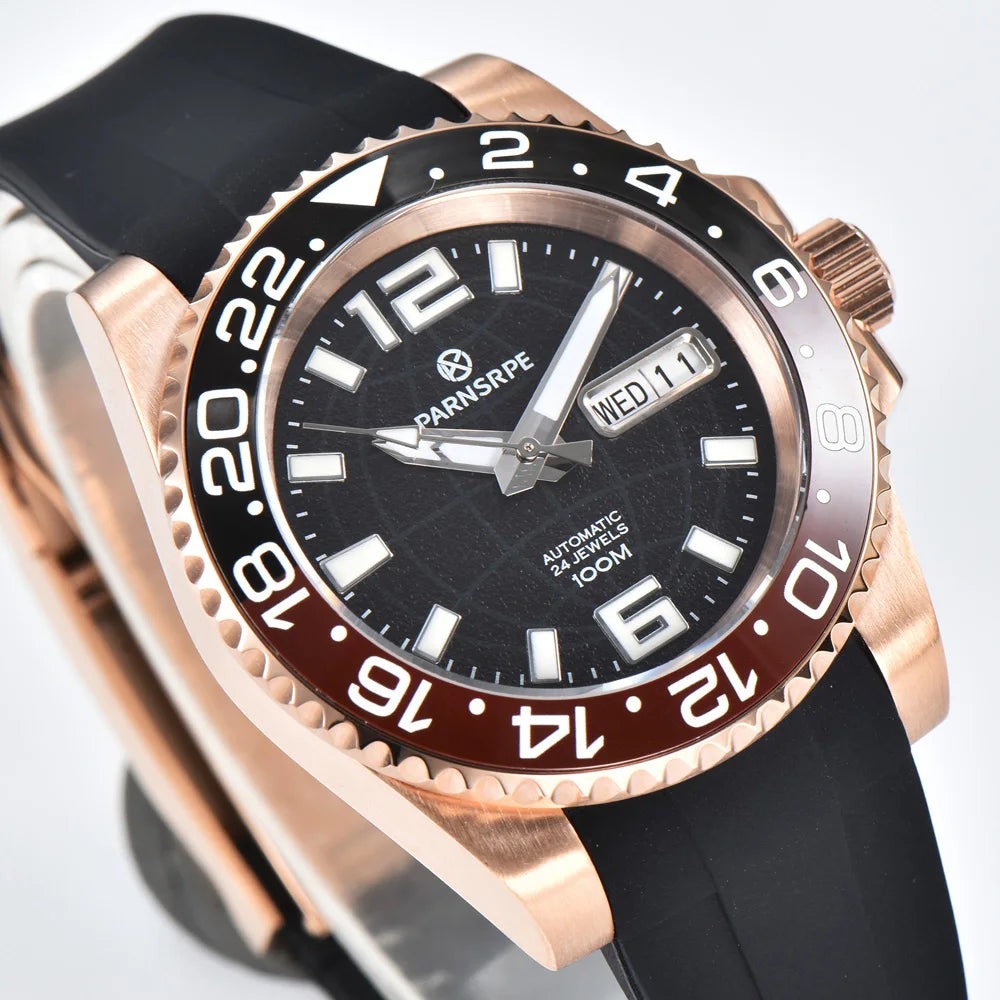 premium rose gold business watch sapphire glass Japan rubber strap