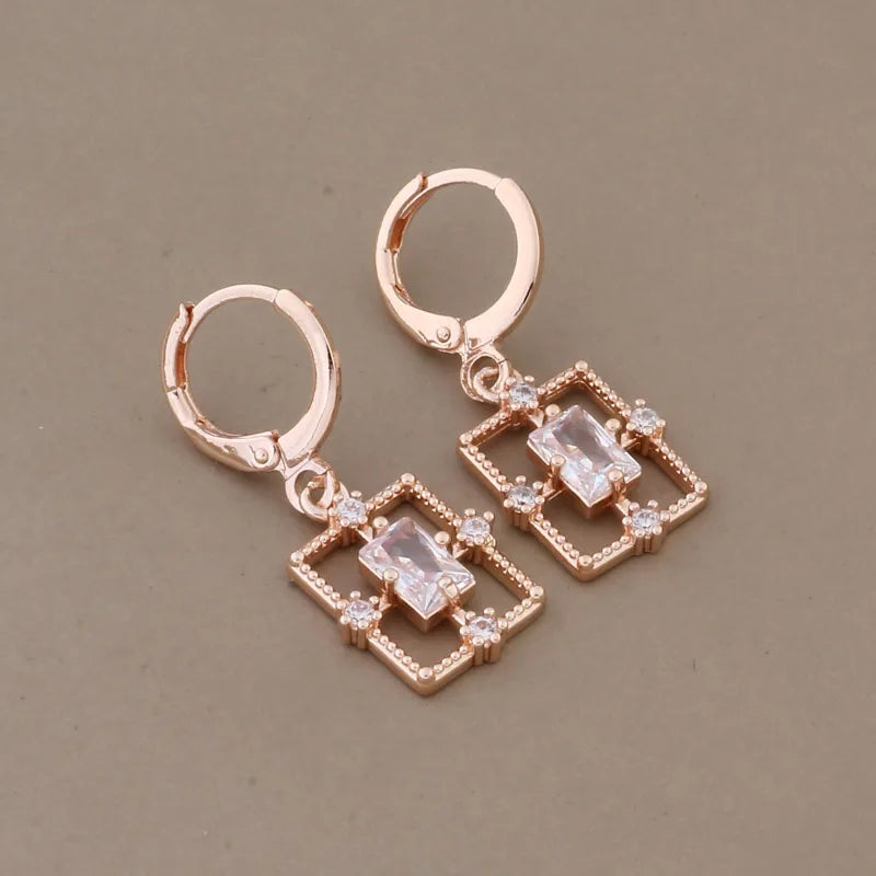 New Trend Luxury Necklaces And Earrings Set Rose Gold Color Simple Rectangle Geometry Zircon Wedding Elegant Jewelry Sets