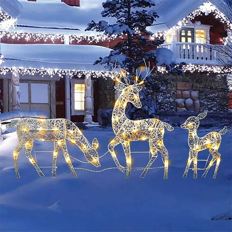 Iron Art Elk Deer Christmas Garden Decoration With LED Light Glowing Glitter Reindeer Xmas