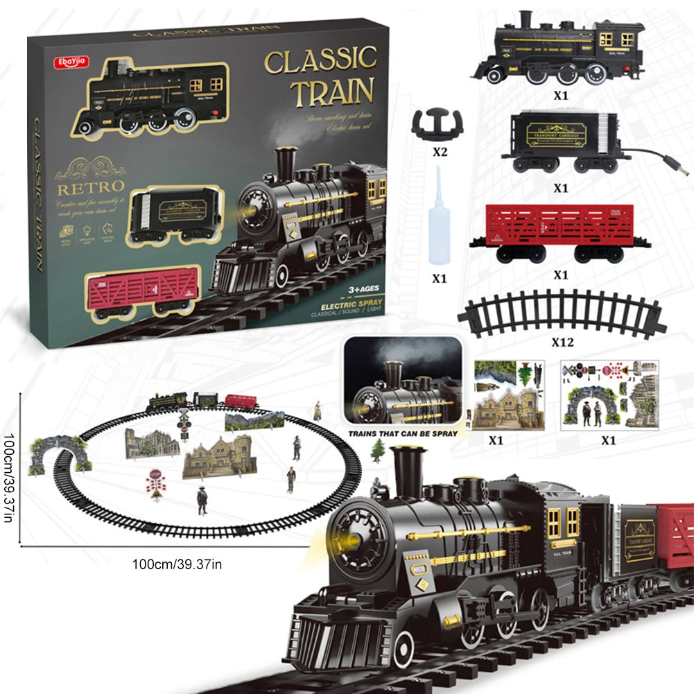 Electric Train Set with Steam Lights Vintage Carriages Railway Track Model Trains Toys