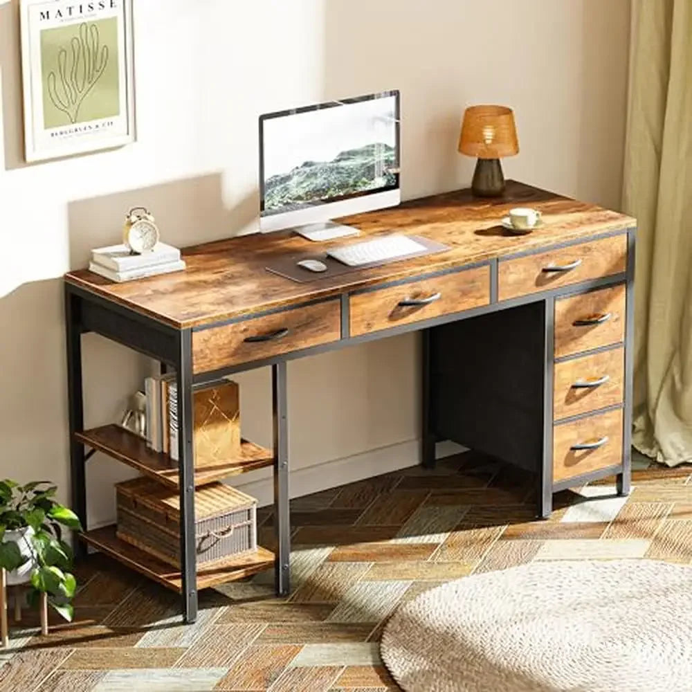 Multi-Functional Corner Desk with 6 Drawers Shelves Reversible Storage Workstation