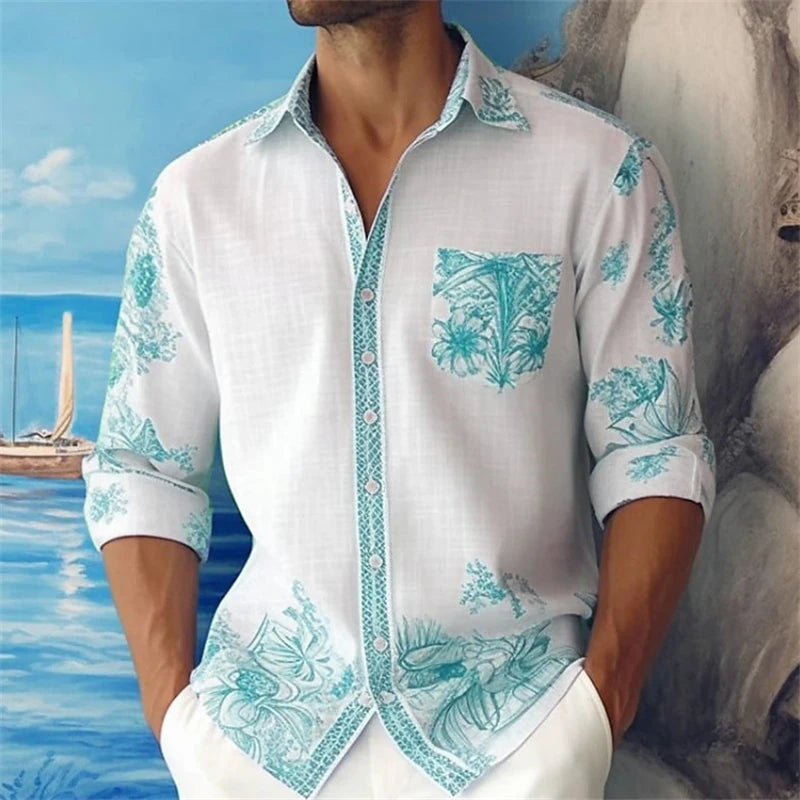 Hawaiian 3D digital printed fashionable men's street casual bamboo long sleeved left patch pocket flip collar shirt for comfort