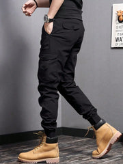 Casual Side Flap Pockets Workwear Tapered Pants, Men's Cargo Pants For Spring Fall Outdoor