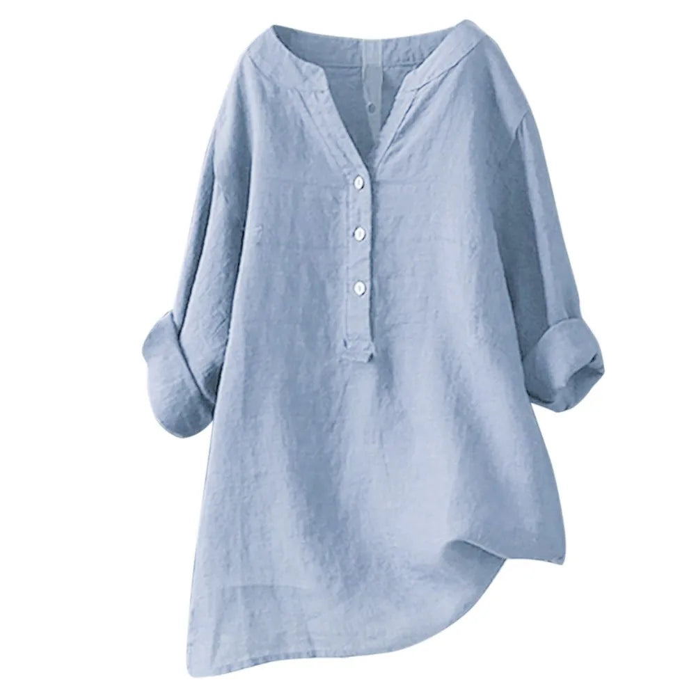 Cotton Linen Shirts Casual Loose Blouse Blended Oversize Long Sleeved V Neck Tops