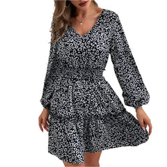 Women New Spring And Summer Cake Skirt Slim Fit Black And White Printed V-neck Long-sleeved Knee-length Short Skirt Dress Women