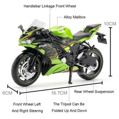 1/12 Kawasaki NIJIA ZX-6R Alloy Model Toys Rear Shock Absorpoon Motorcycle Front Wheel Left Right Steering Vehicle