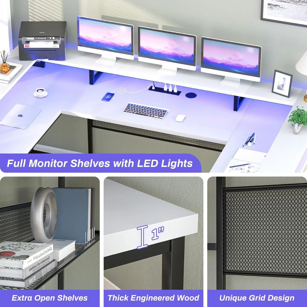 Computer Desk with Monitor Stand and LED Lights, Reversible L Shaped Office Desk