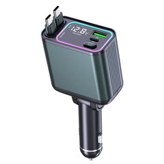 Car charger PD 90W fast charging USB/Type-C retractable cable Digital display Ambient light