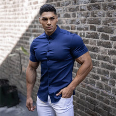 Summer Men's Casual Shirt Classic Solid Color Lapel Men's Casual Business Elastic Non Ironing Temperament Short Sleeved Shirt