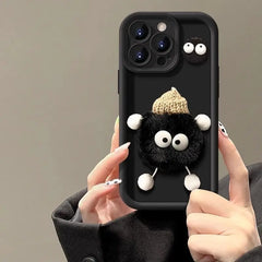 Cute 3D Fluffy Plush Coal Ball Phone Case For Motorola Moto G34 5G G04 G22 G24 4G Moto E13 G53 G10 G30 Lens Protect Soft Cover