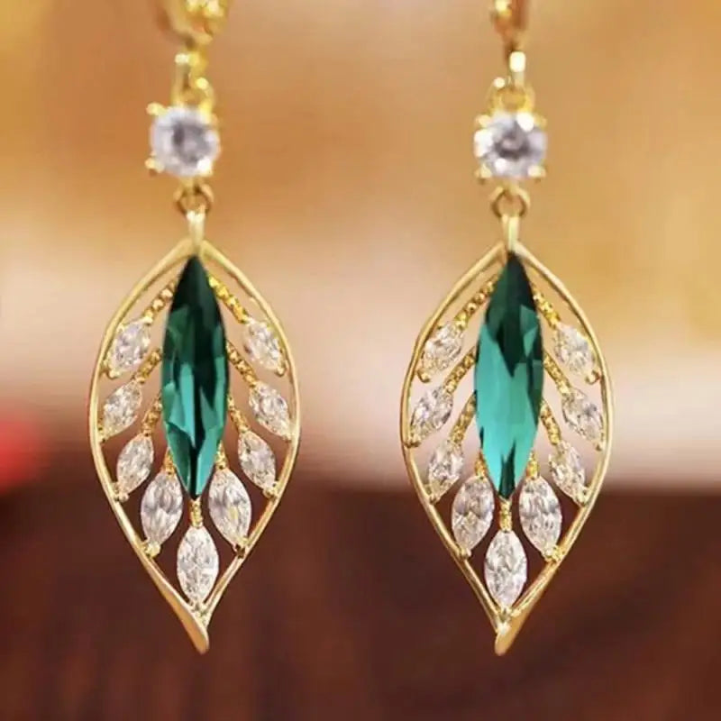 New Fashion Golden Leaves Earrings Earrings for Women Green Crystal Earrings