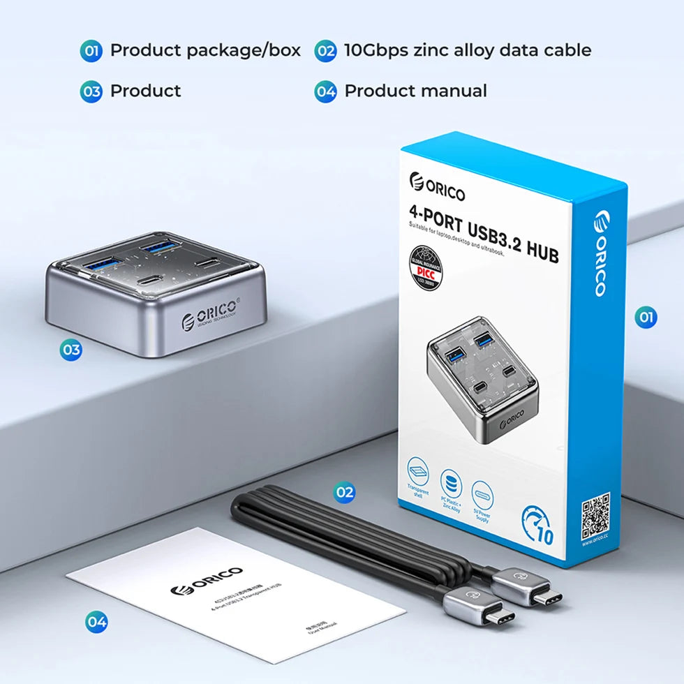 ORICO Multiple USB A Type C Ports Splitter Hub 4 10Gbps USB 3.1 Slot Dock Station