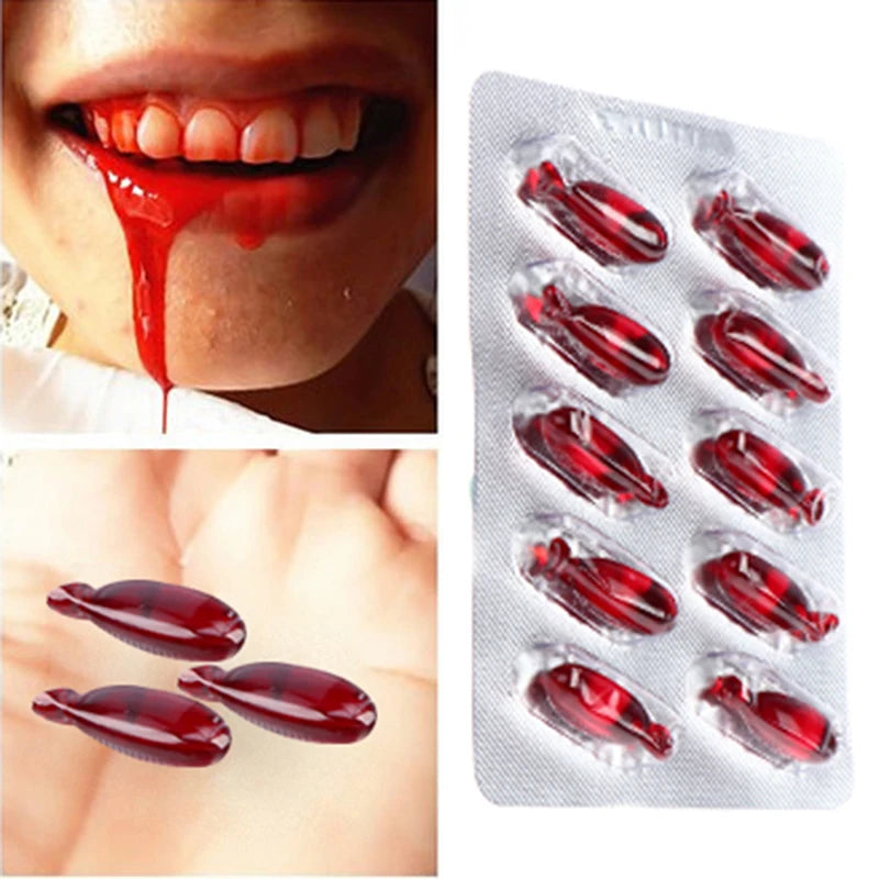 10Pcs Halloween Realistic Fake Blood Pills for Adults Vampire Capsules Horror Scary Funny Trick Toys