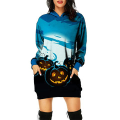 Women's Autumn And Winter Hooded Sweatshirt Dress Halloween Print Dress