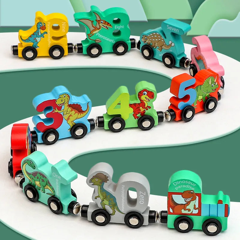 Magnetic Dinosaur Train Toys Set Wooden Number Transport Vehicle Puzzle