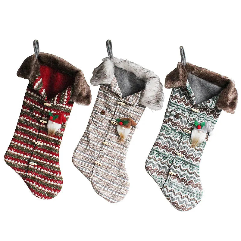 Plaid Christmas stockings knitted candy bag Christmas tree hanging socks