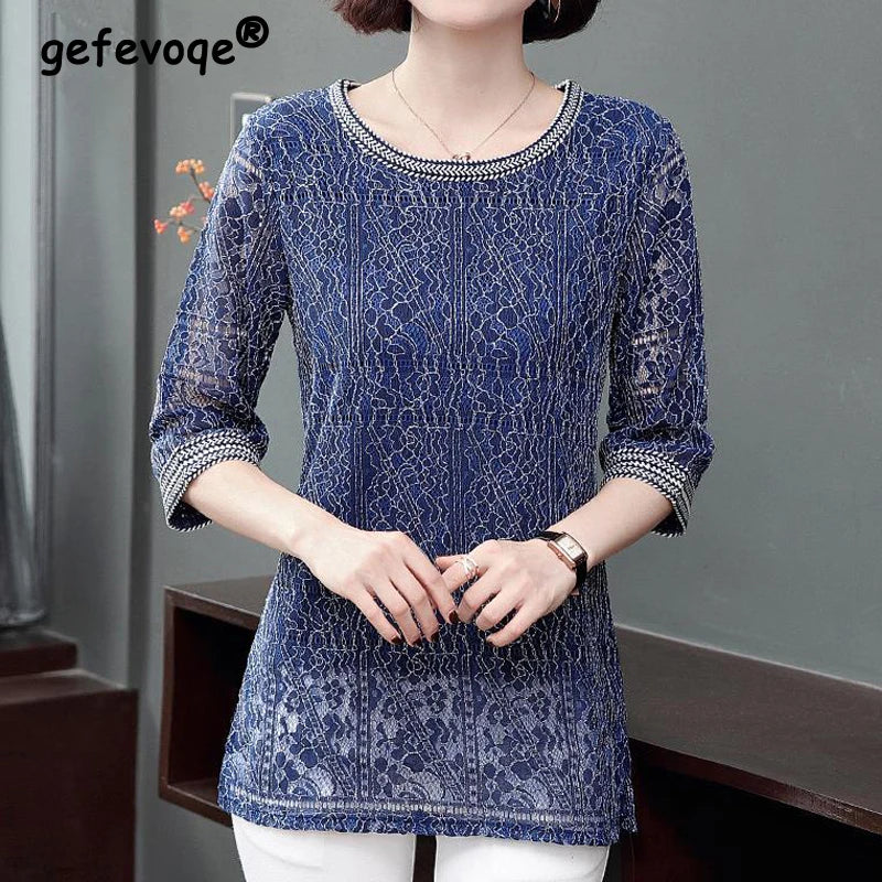 Elegant New O Neck Lace Slim Shirts Women Popular Tops