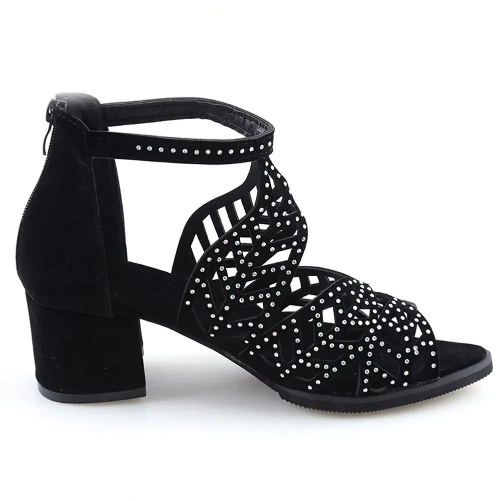 Women Summer Hollow Out Faux Leather Rhinestones Thick Heel Zipper Sandals