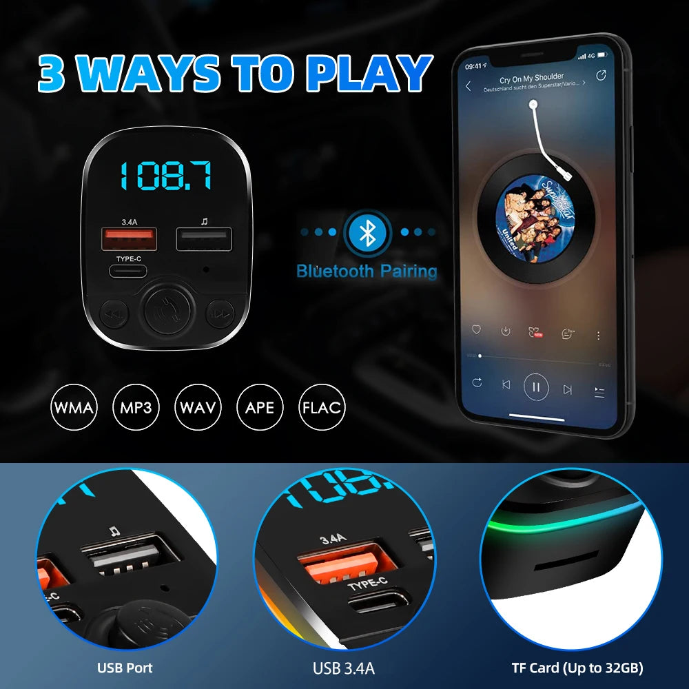 FM Transmitter Bluetooth Car 3.1A Dual USB Port+Type-C Charge Handsfree Call Wireless Aux Audio Radio Modulator MP3 Player