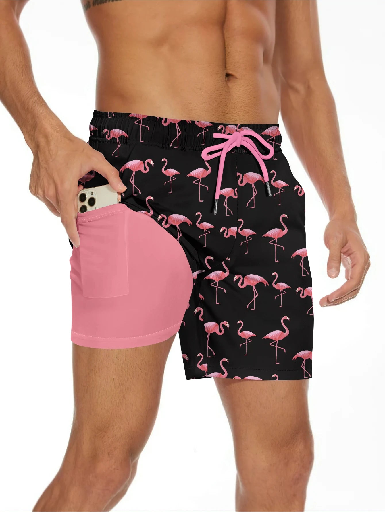 Men's Flamingos Digital Print Shorts, Casual, Double Layer Drawstring, Phone Pocket Design, Summer Beach Shorts