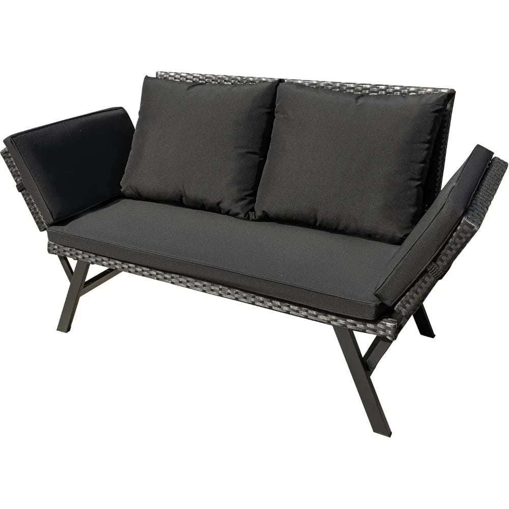 Outdoor Sofa, Woven Rattan Patio Furniture, Convertible Daybed or Double Chair with Adjustable Armrests, Cushions