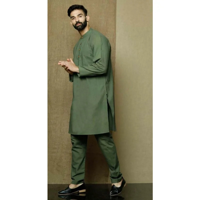 Green Shirt, Traditional Indian Top Shirt Solid Color Men's Clothing European and American Fashion Trends