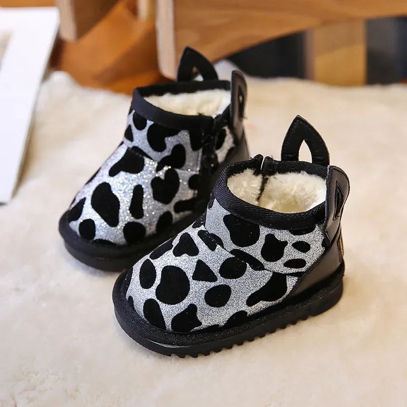 Girl Boot Bling Leopard Snow Boot Cute Ears Toddler Child Shoe for Boy Winter Warm Ankle Boot Plush Winter Shoe Botas Para Niños