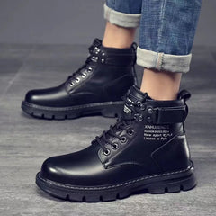 Winter Men's High Top Boots Trendy Black Motorcycle Boots