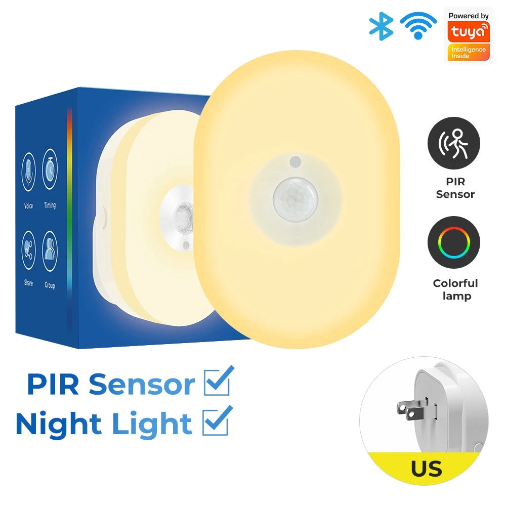 WiFi Tuya Smart Led Night Light PIR Motion Sensor Eu Us Uk Plug In Wall Lamp