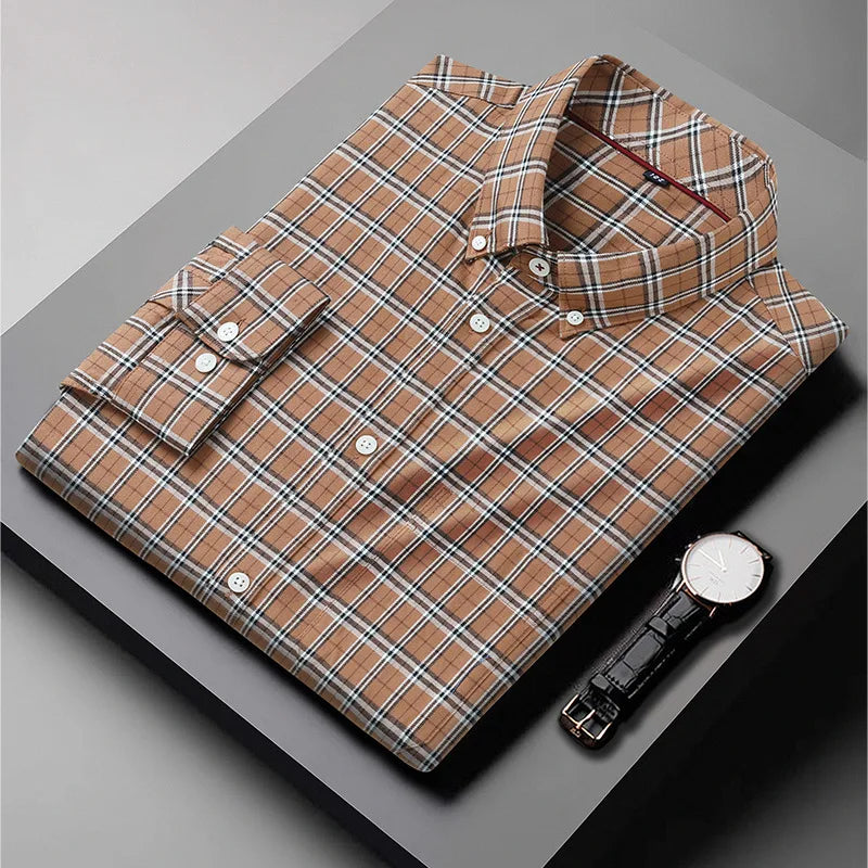 Men's Brushing Long Sleeves Shirt Autumn Plaid Shirt For Man Khaki Plaid Shirt Boy's Oversize Shirt