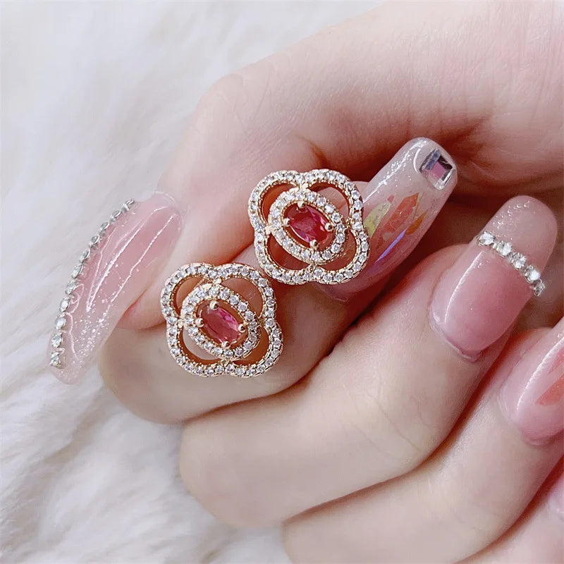 Rose Gold 3ct Red Ruby Oval Gemstone Rings Earrings Necklace Jewelry Sets for Women Wedding Bridal