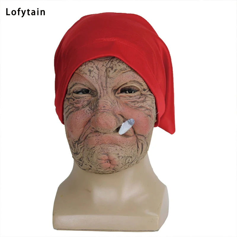 Lofytain Smoking Old Grandmother Mask Halloween Mask Latex Masks Realistic Costume Halloween Cosplay Props Funny Gift