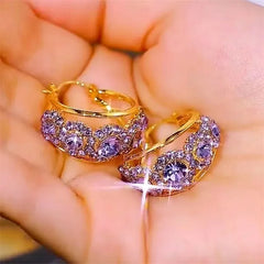 Exquisite Purple Zircon Flowers Hoop Earrings for Women Fashionable Individuality Daily Accessory Party Jewelry